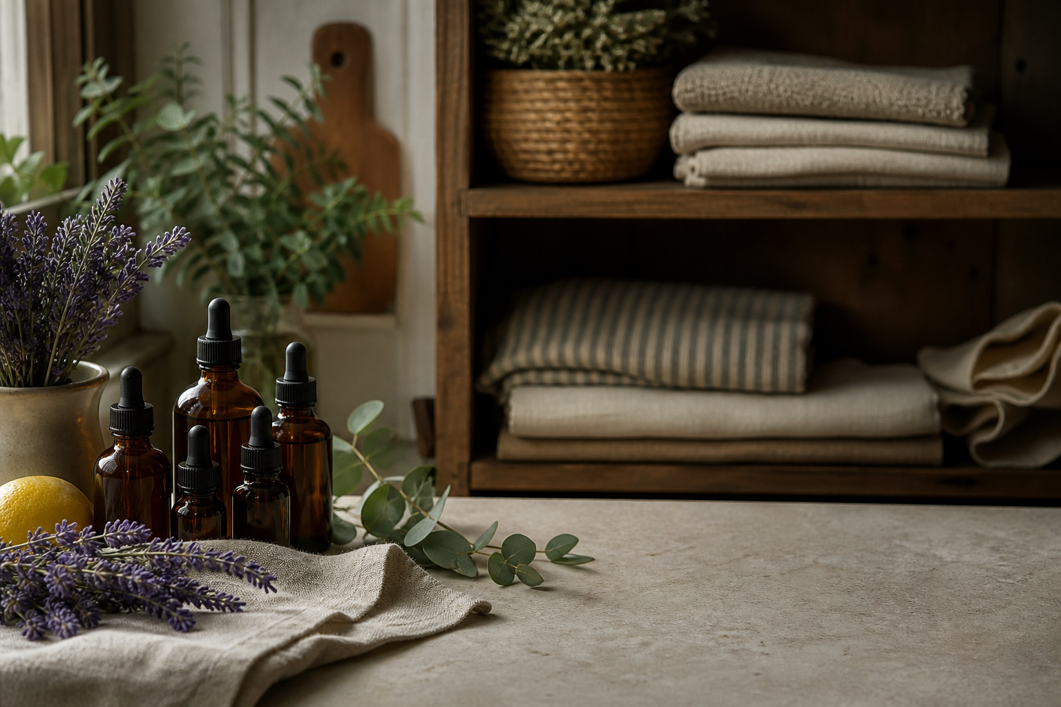 Amber essential-oil bottles with lavender sprigs, a cut lemon, eucalyptus leaves, and folded linen on a kitchen cupboard