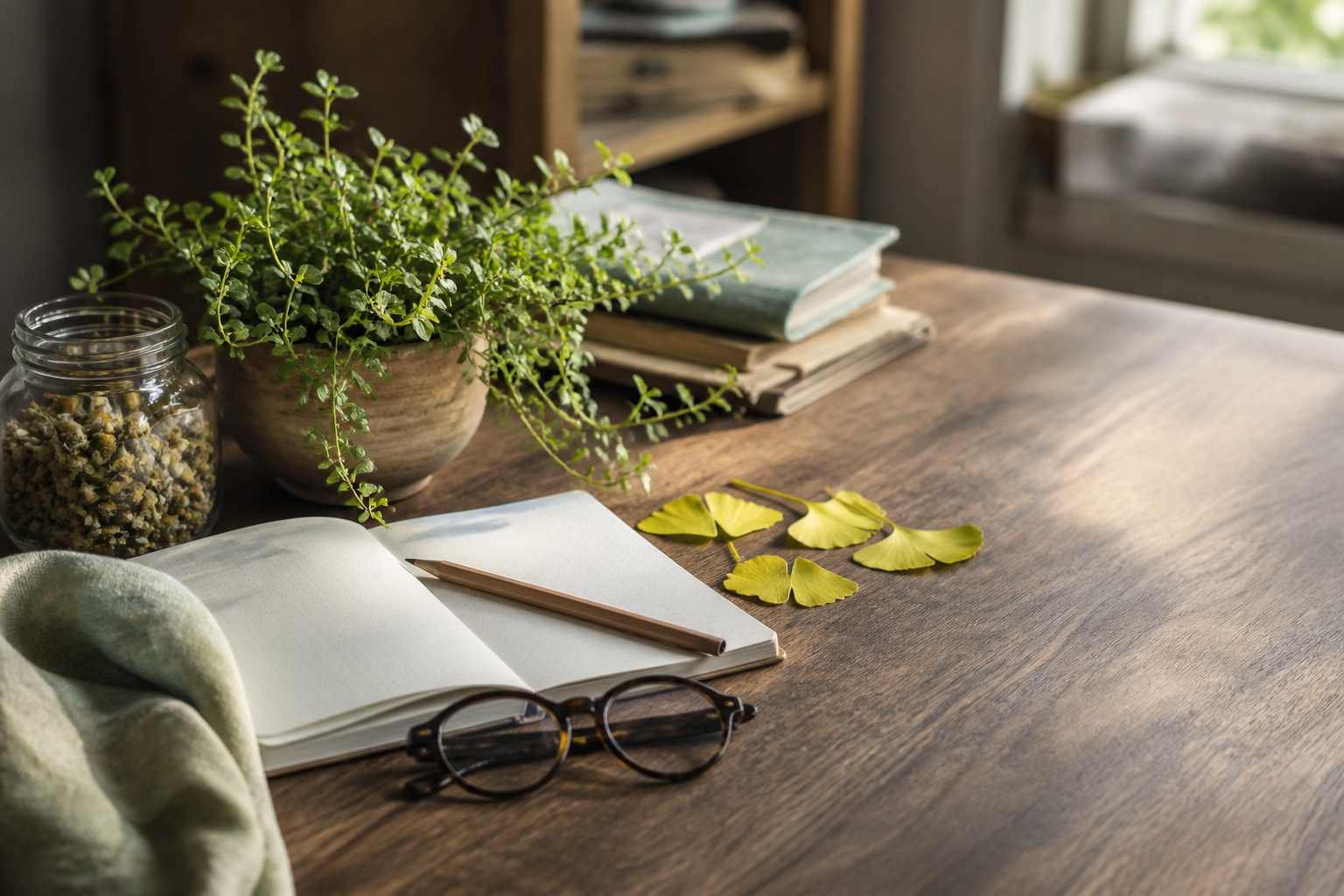 A study desk with an open notebook, ginkgo leaves, a potted brahmi plant, and a jar of dried chamomile