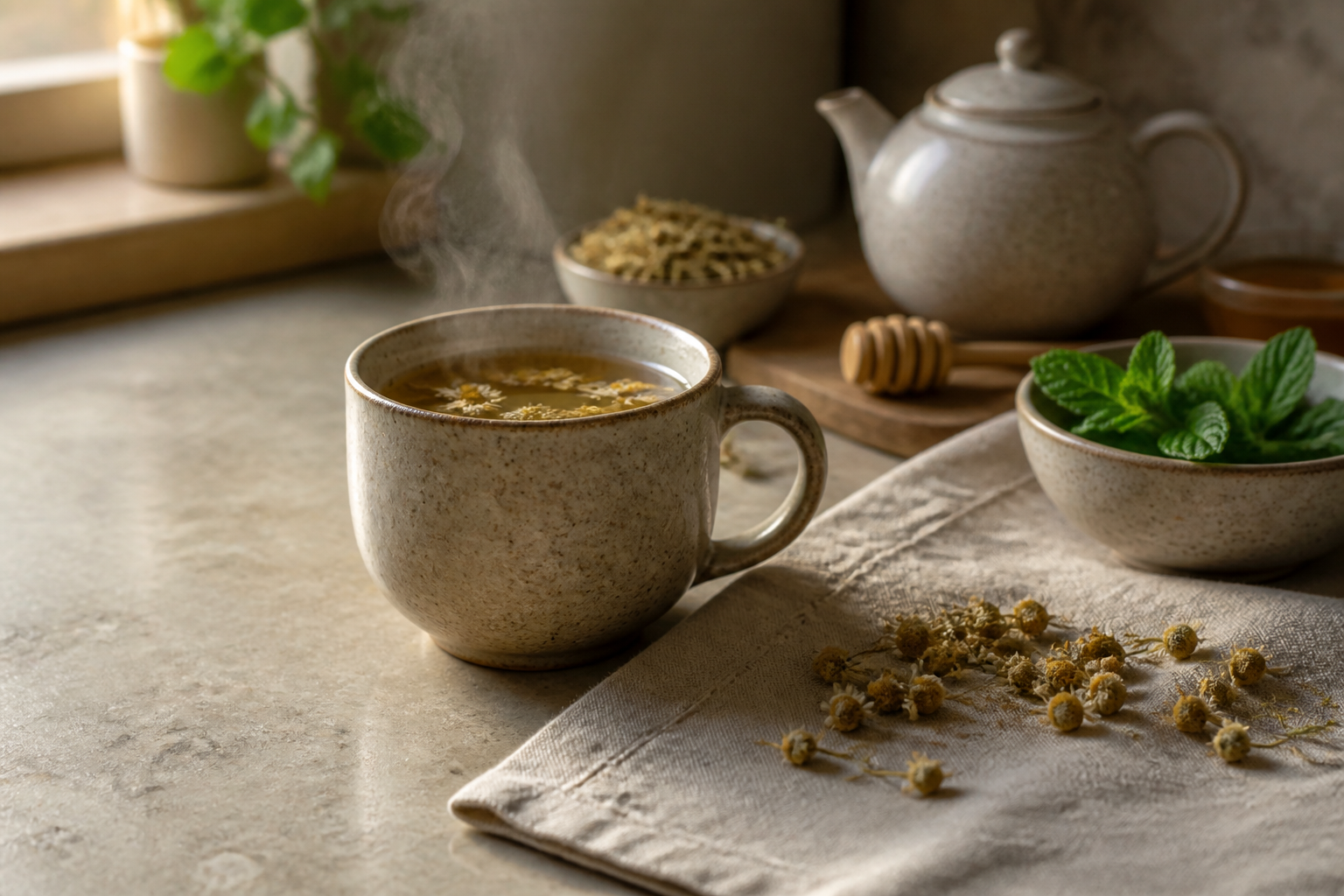 A stoneware mug of steaming chamomile tea with dried flowers on a linen kitchen table