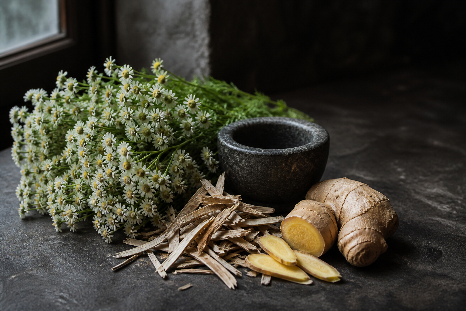 Feverfew flowers, willow bark, and sliced ginger on a dark stone table beside a mortar