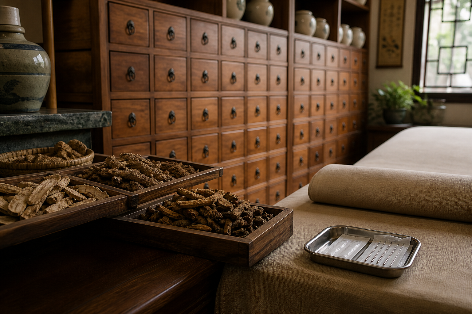 Wooden Traditional Chinese Medicine herb drawers, dried roots in trays, and a treatment table with an acupuncture needle set