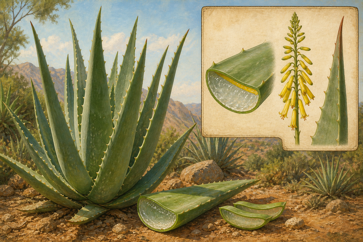 Aloe vera plant with thick gray-green succulent leaves and a botanical inset of leaf cross-section showing clear gel and yellow latex, flower spike, and leaf tip