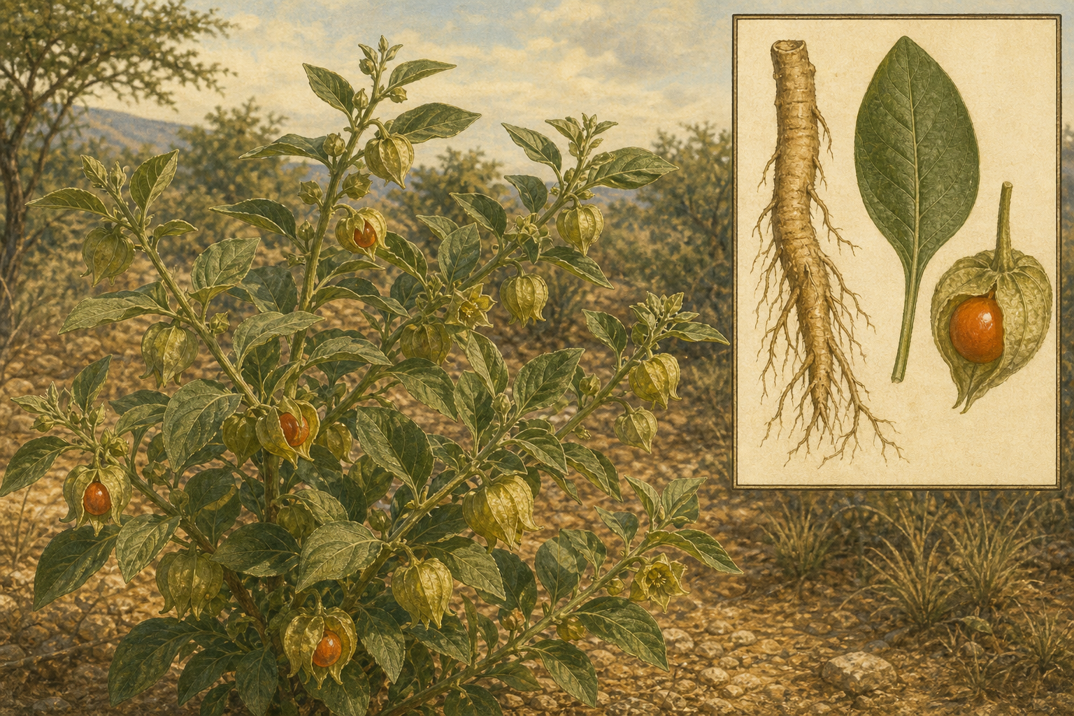 Ashwagandha (Withania somnifera) in dry scrubland with ovate leaves, lantern calyces around orange berries, and a botanical inset of taproot, leaf, and inflated calyx