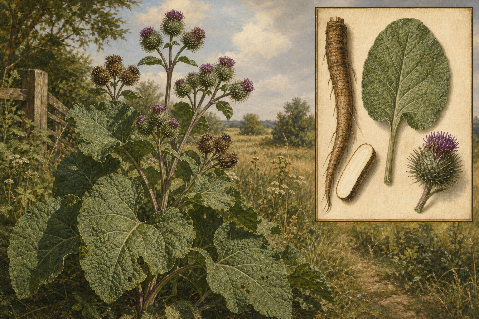 Greater burdock (Arctium lappa) at a meadow edge with large heart-shaped leaves, purple burr flower heads, and a botanical inset of taproot, leaf, and hooked burr
