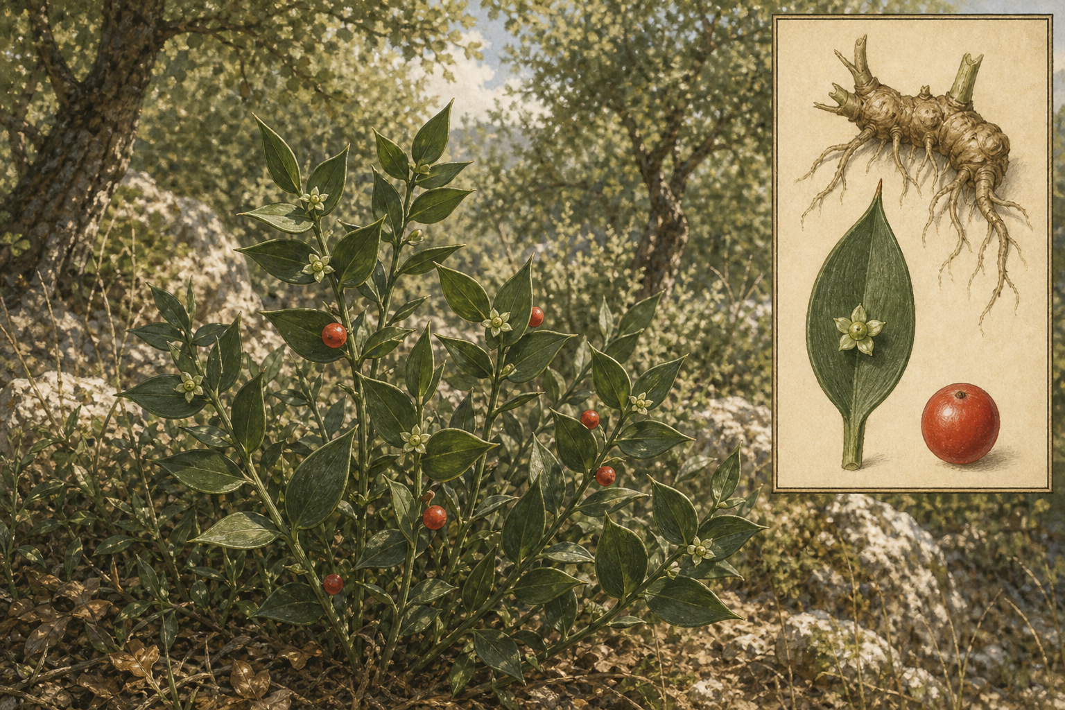 Butcher's broom (Ruscus aculeatus) in Mediterranean woodland with spine-tipped cladodes, central flowers, red berries, and a botanical inset of rhizome, cladode with flower, and fruit