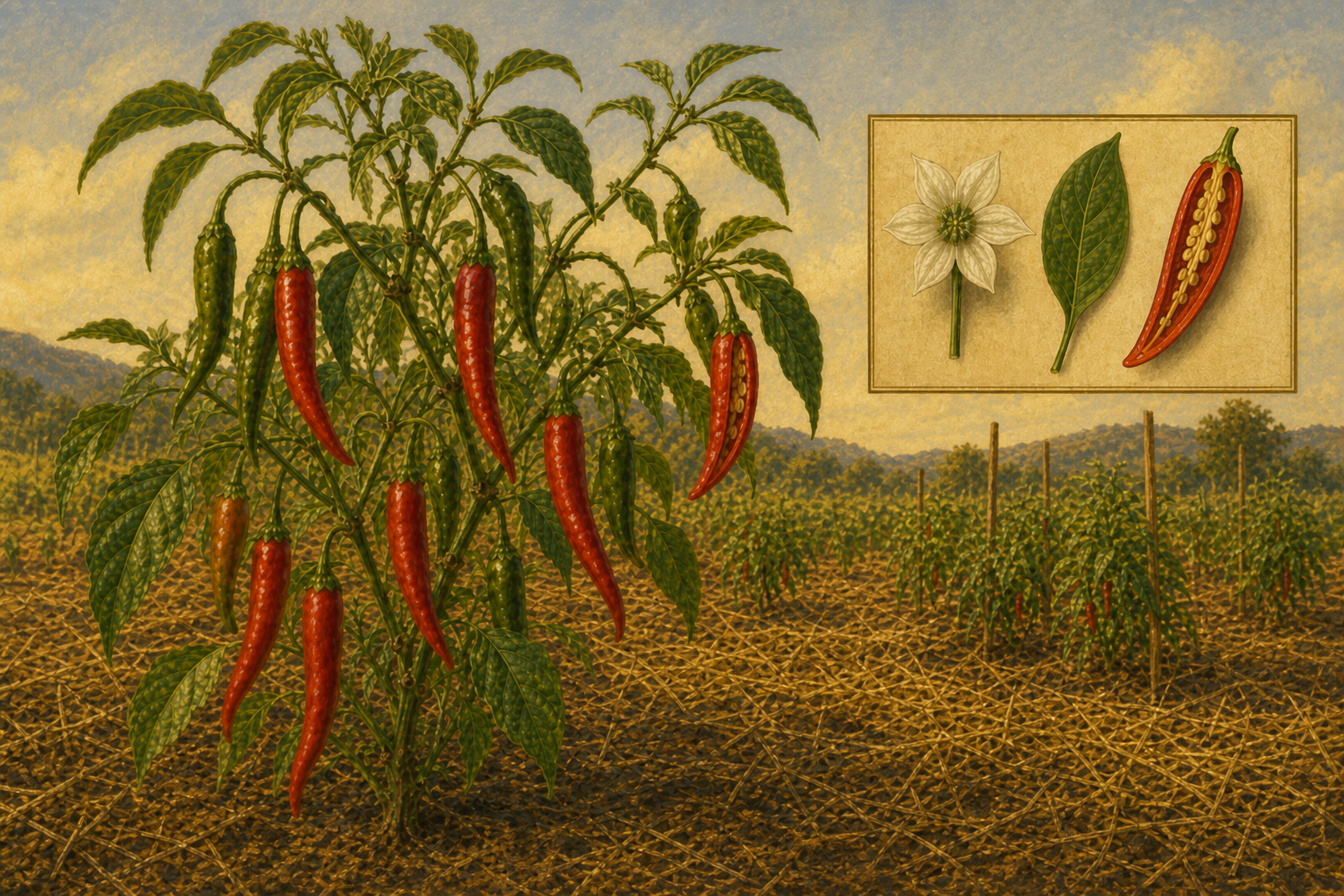 Cayenne pepper (Capsicum annuum) plant with elongated scarlet pods in a late-summer garden, plus a botanical inset of flower, leaf, and fruit cross-section