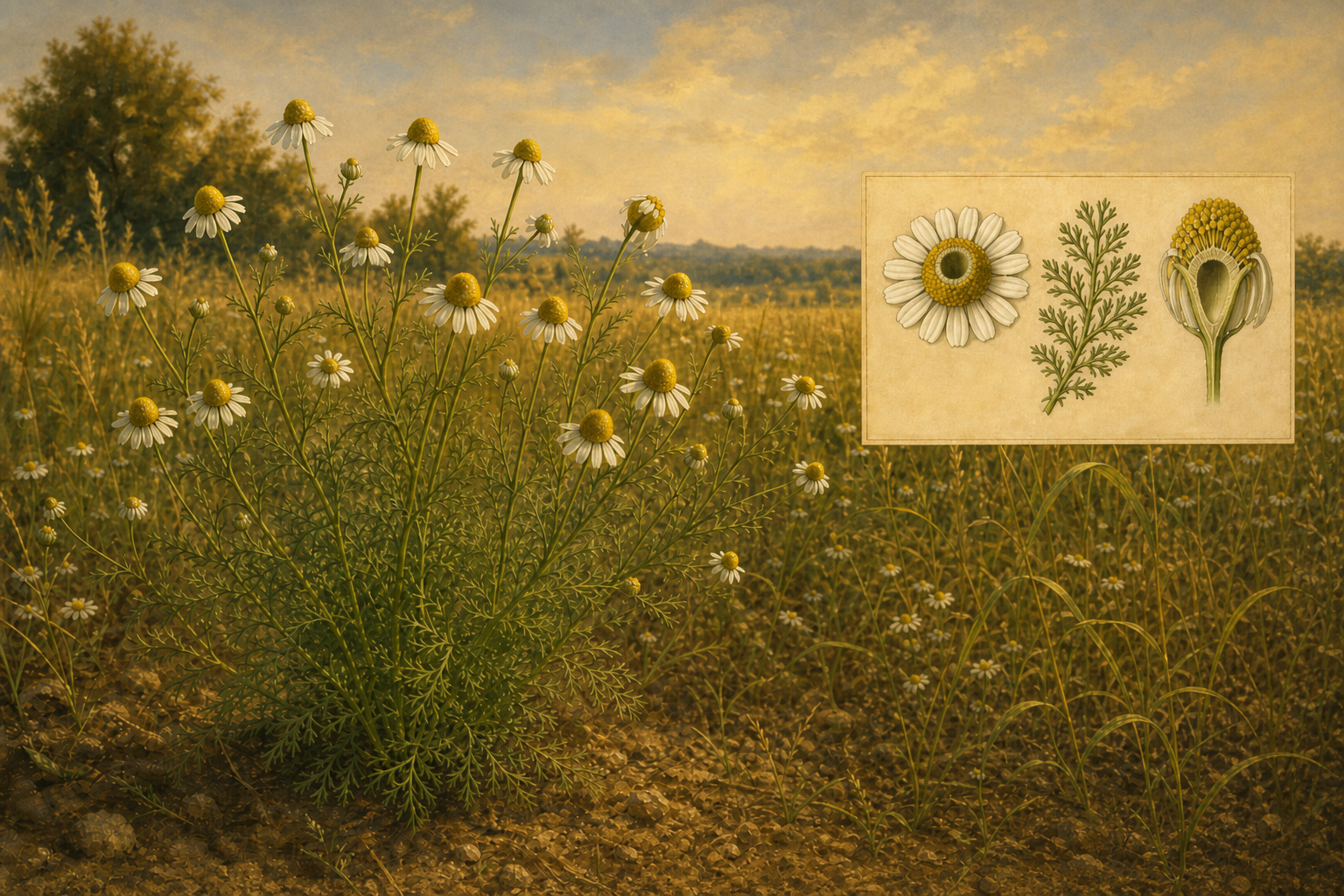 German chamomile (Matricaria chamomilla) in a meadow with white ray florets and golden discs, plus a botanical inset of flower head, feathery leaf, and hollow receptacle