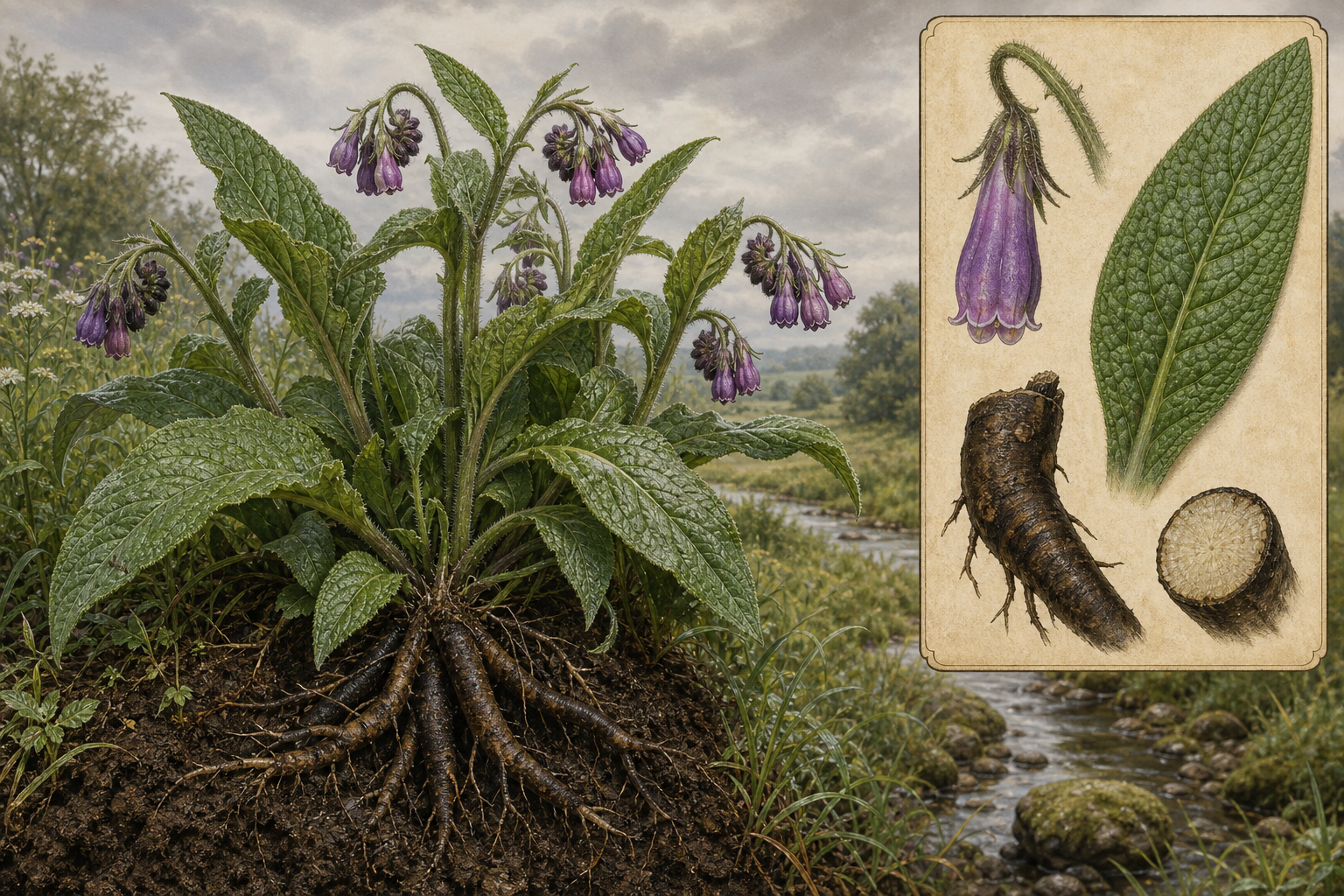 Common comfrey (Symphytum officinale) on a damp meadow bank with drooping purple bell flowers, hairy leaves, and a botanical inset of flower, leaf, and dark fleshy root