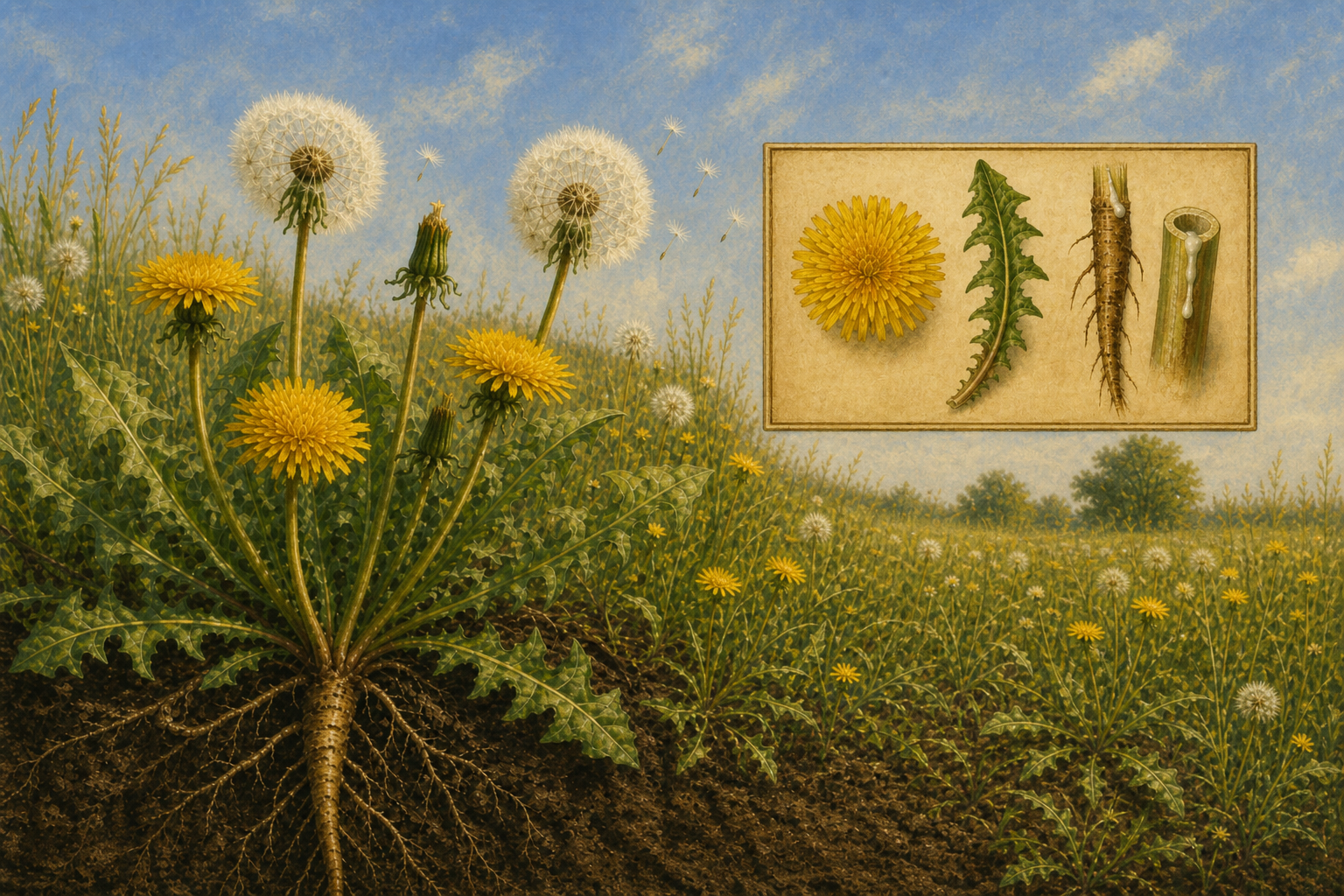 Dandelion (Taraxacum officinale) in a sunny meadow with yellow flower heads, jagged leaves, seed clocks, and a botanical inset of flower, leaf, and taproot with milky latex