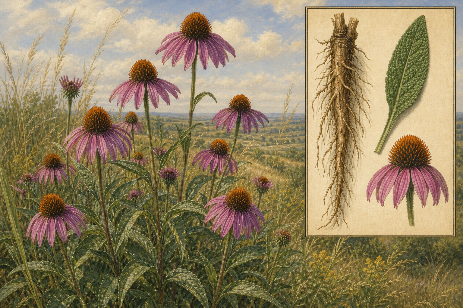 Purple coneflower (Echinacea purpurea) on a North American prairie with drooping magenta rays, bristly orange cones, and a botanical inset of taproot, leaf, and flower head