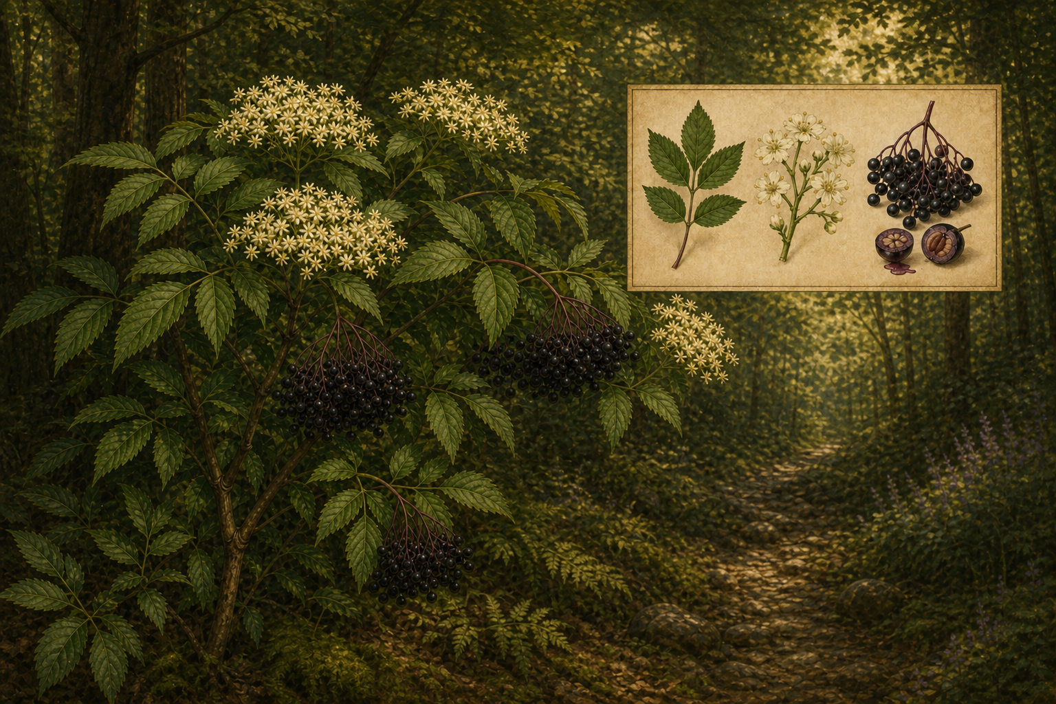 European elder (Sambucus nigra) with creamy flower clusters and dark purple berry umbels at a woodland edge, plus a botanical inset of compound leaf, florets, and berry cross-section