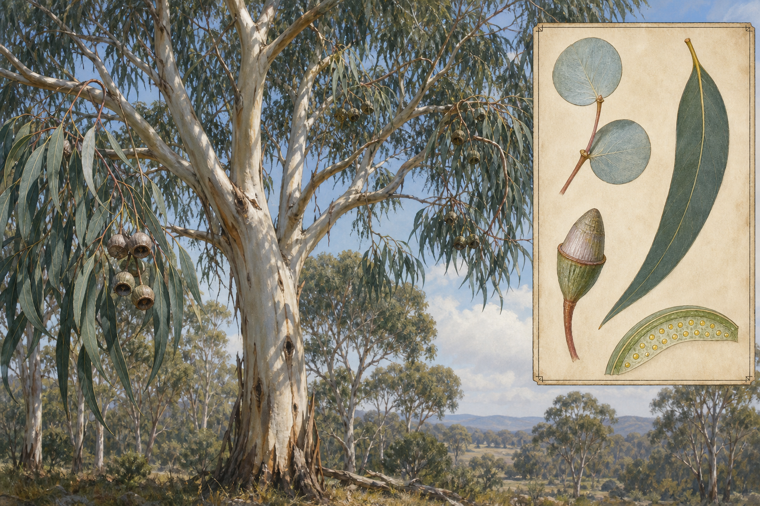 Blue gum eucalyptus (Eucalyptus globulus) with sickle-shaped blue-green leaves and a botanical inset of juvenile leaf, adult leaf, operculum bud, and oil-gland detail