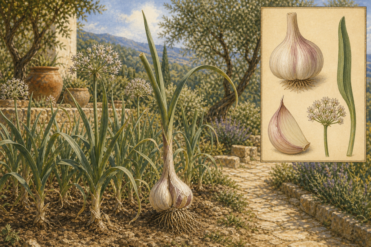 Garlic (Allium sativum) in a Mediterranean kitchen garden with strap leaves, a papery purple-tinged bulb lifted from the soil, flowering umbels, and a botanical inset of whole bulb, clove, leaf, and flower head