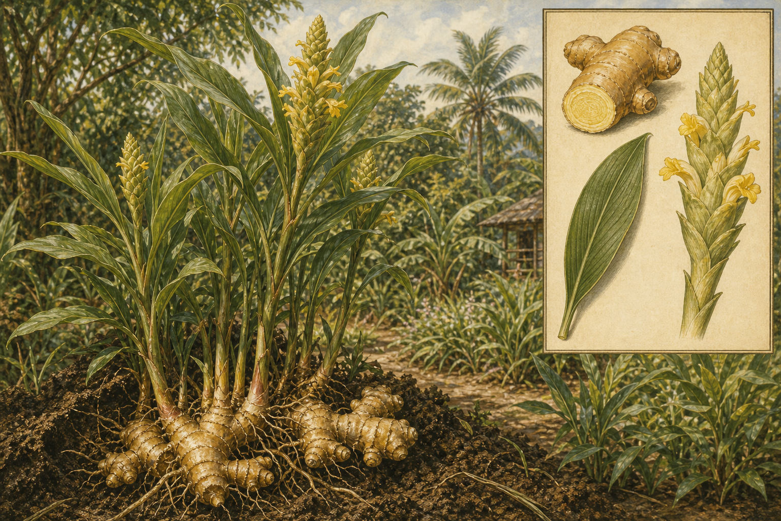 Ginger (Zingiber officinale) in a tropical garden with lanceolate leaves, a cone-like flower spike, a knobby unearthed rhizome, and a botanical inset of rhizome cross-section, leaf, and inflorescence