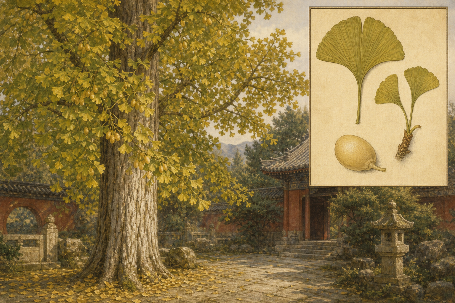 Ginkgo (Ginkgo biloba) in an East Asian temple garden with a golden fan-leaved canopy, moon gate, and a botanical inset of notched fan leaves, spur-shoot leaves, and a fleshy seed
