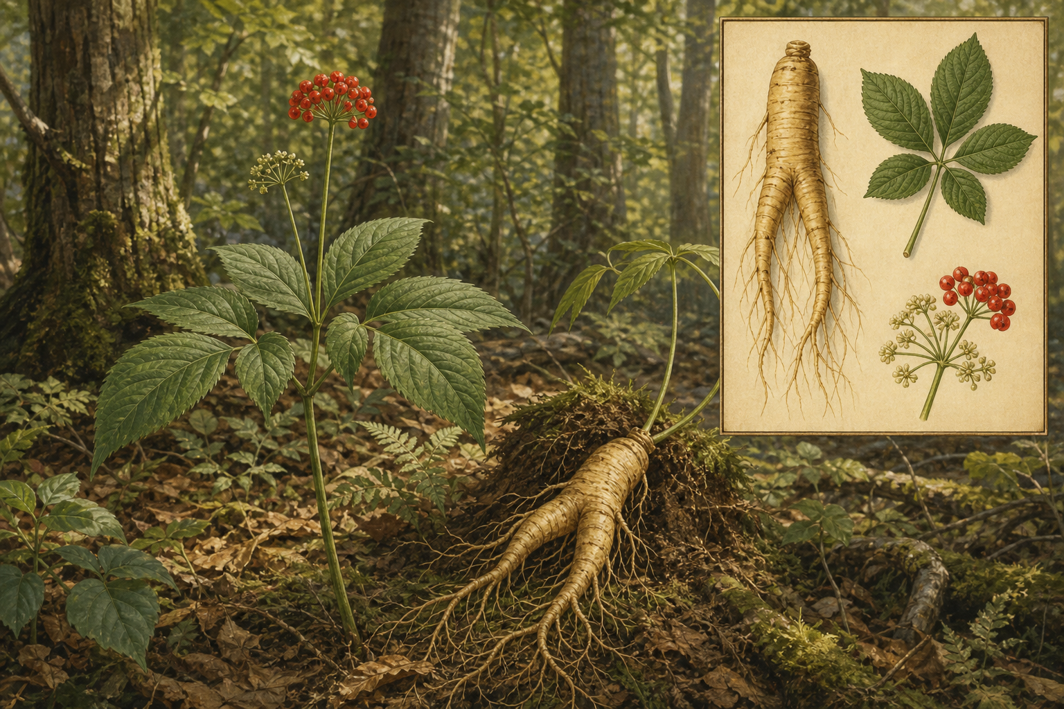 Asian ginseng (Panax ginseng) on a forest floor with palmate five-leaflet leaves, red berries, a forked human-shaped root, and a botanical inset of root, leaf, flowers, and fruit