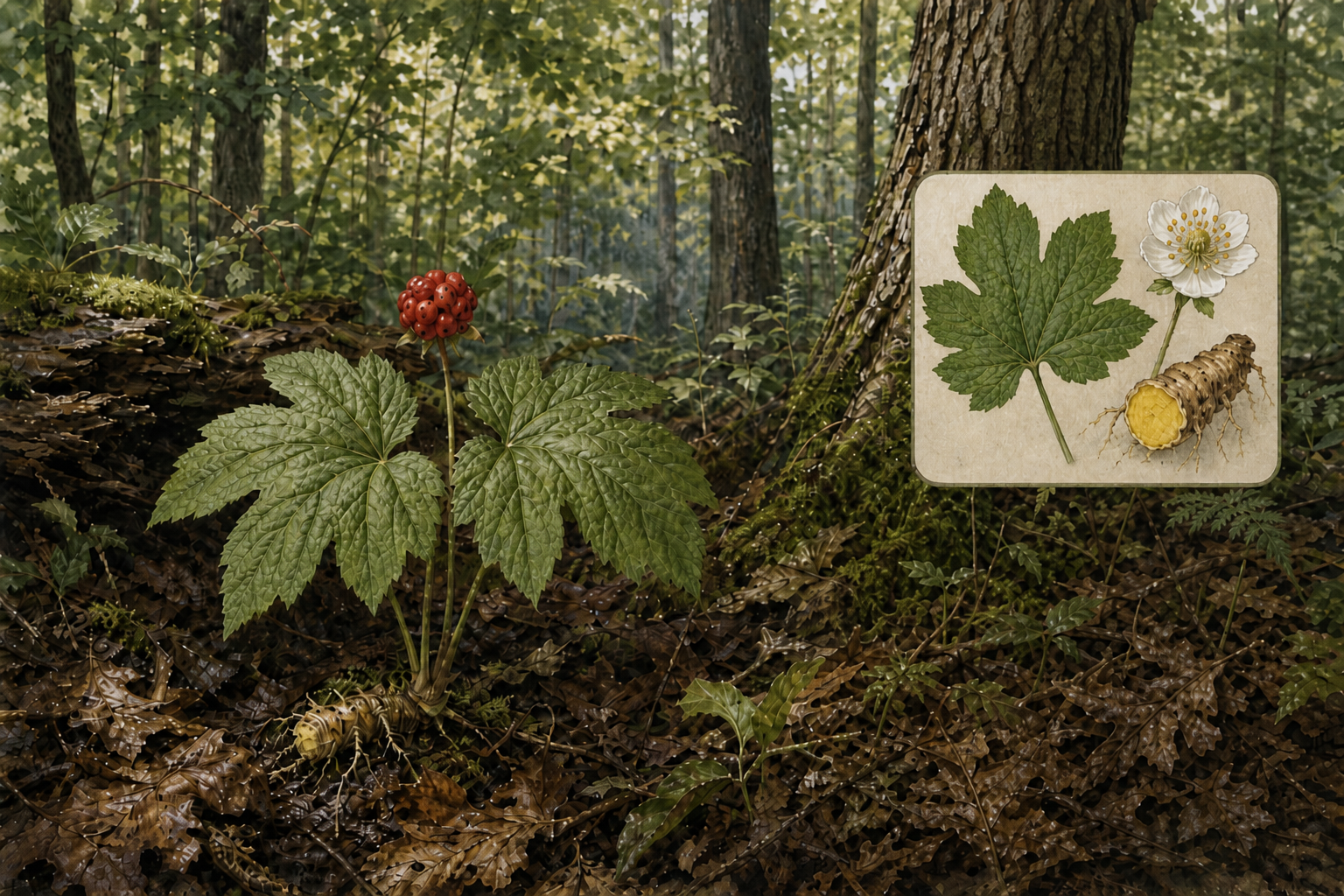 Goldenseal (Hydrastis canadensis) on a shaded woodland floor with maple-like leaves, a crimson berry cluster, and a botanical inset of the yellow rhizome
