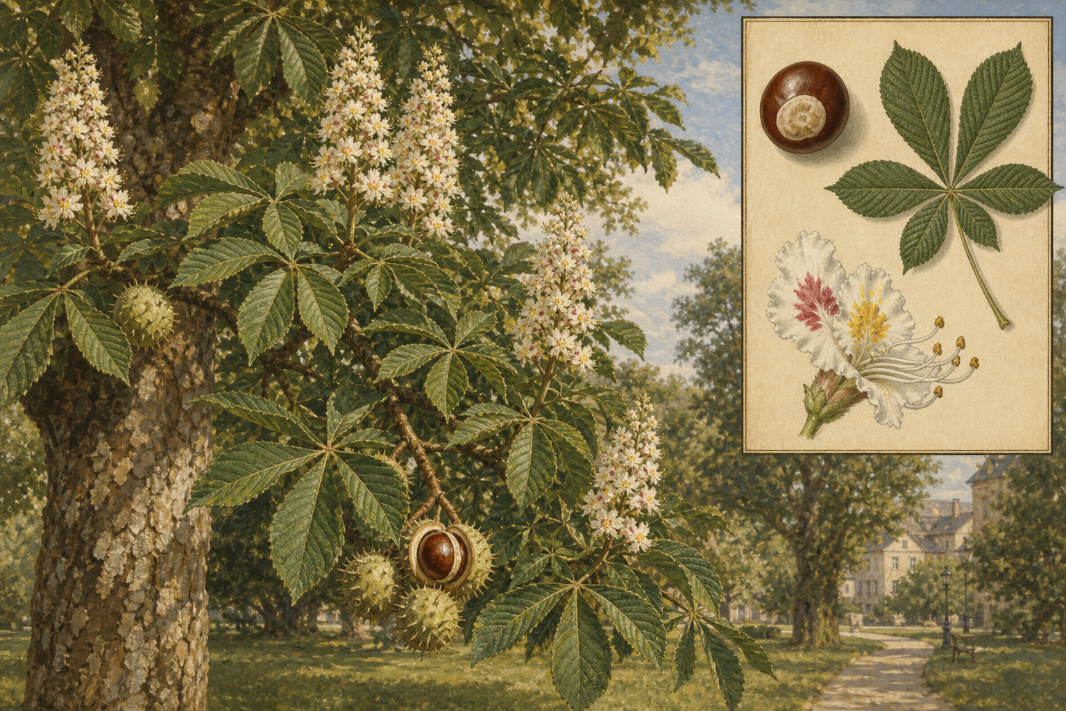 Horse chestnut (Aesculus hippocastanum) in a European park with palmate leaves, white candle flowers, spiny burs, a glossy conker, and a botanical inset of seed, leaf, and flower