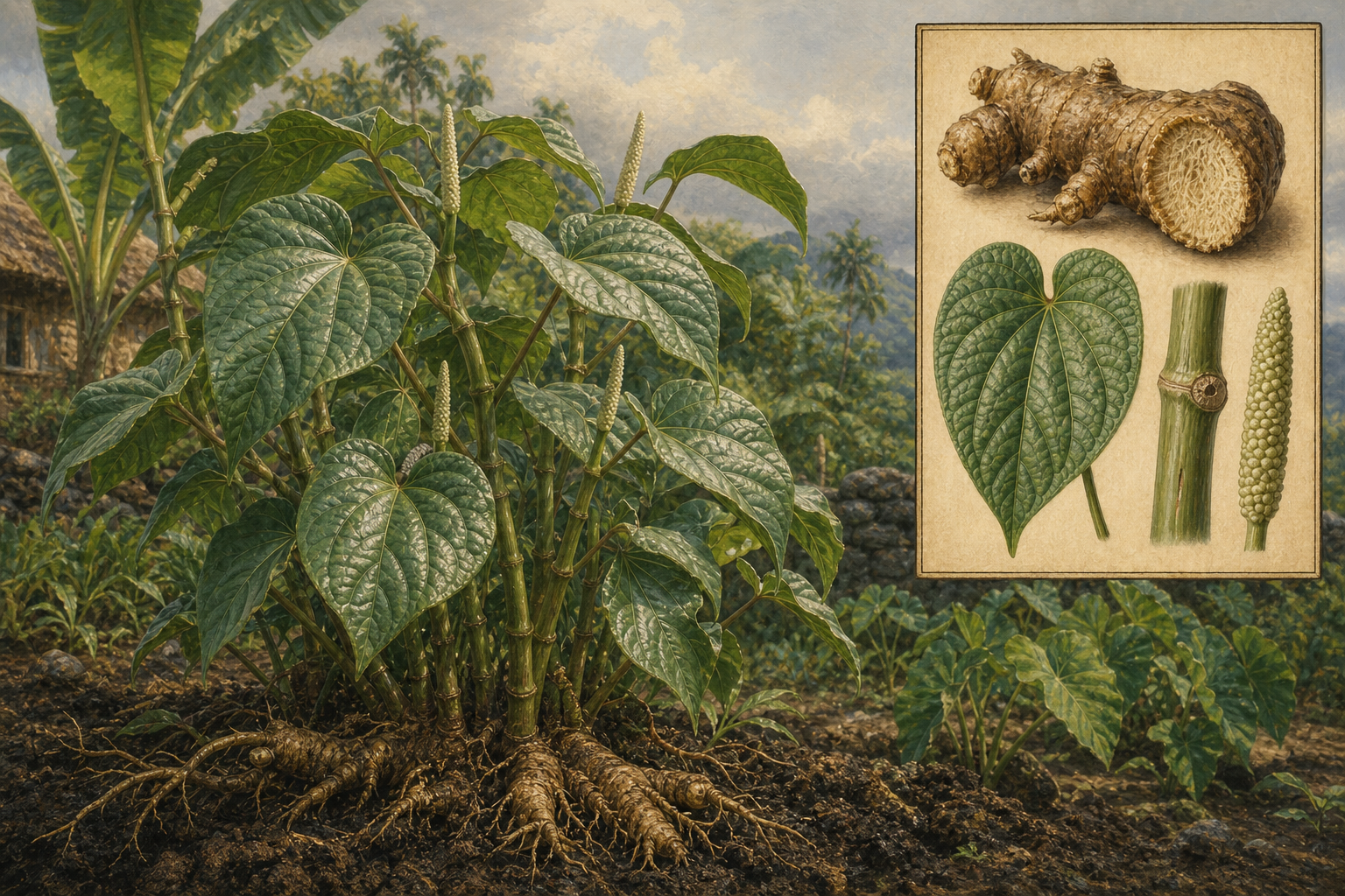 Kava (Piper methysticum) in a Pacific Island garden with jointed stems, heart-shaped leaves, knobby rhizomes, and a botanical inset of root cross-section, leaf, node, and flower spike
