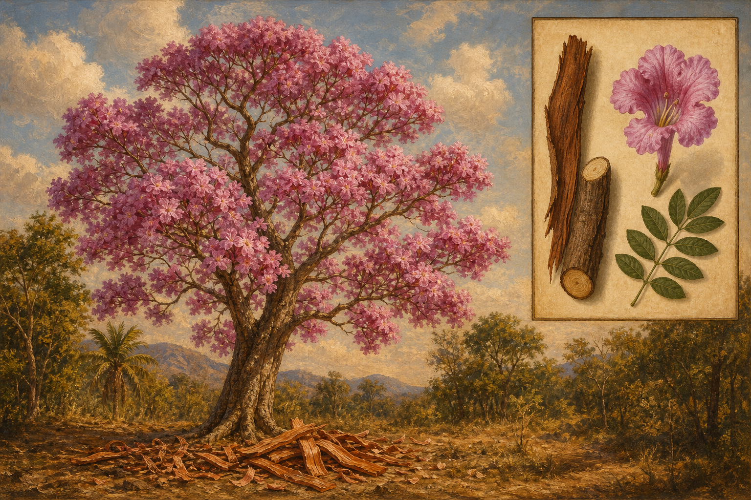 Dried lapacho bark, also known as pau d'arco, used in traditional South American herbal medicine