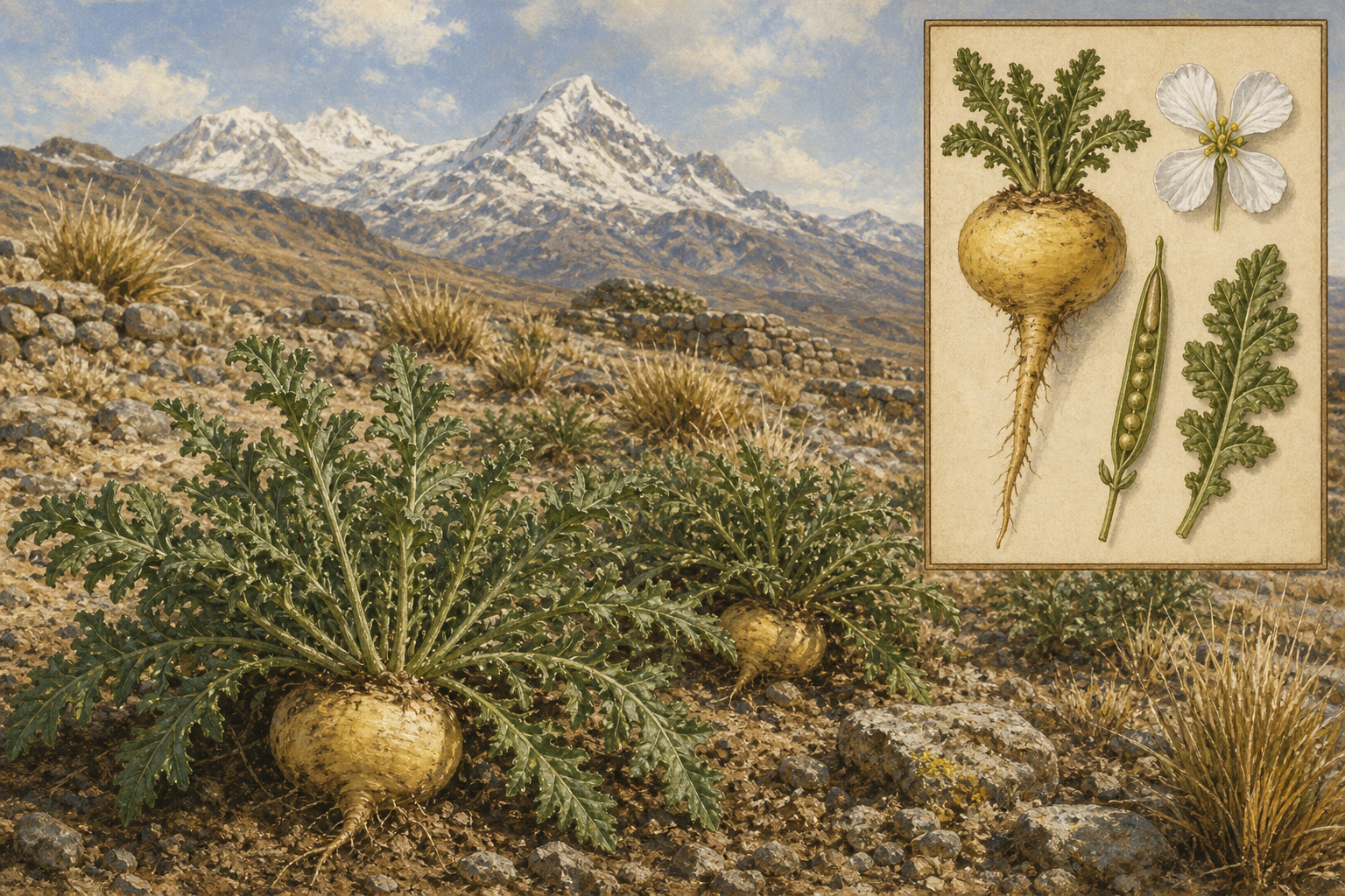 Maca (Lepidium meyenii) on a high Andean puna with ruffled basal leaves, swollen cream hypocotyls, and a botanical inset of hypocotyl, four-petaled flower, leaf, and silicle