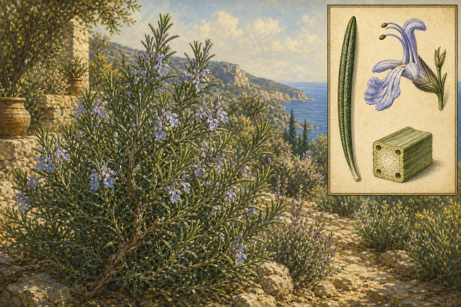 Rosemary (Salvia rosmarinus) shrub on a Mediterranean coastal terrace with needle-like leaves, pale lilac flowers, and a botanical inset of leaf, two-lipped flower, and square stem