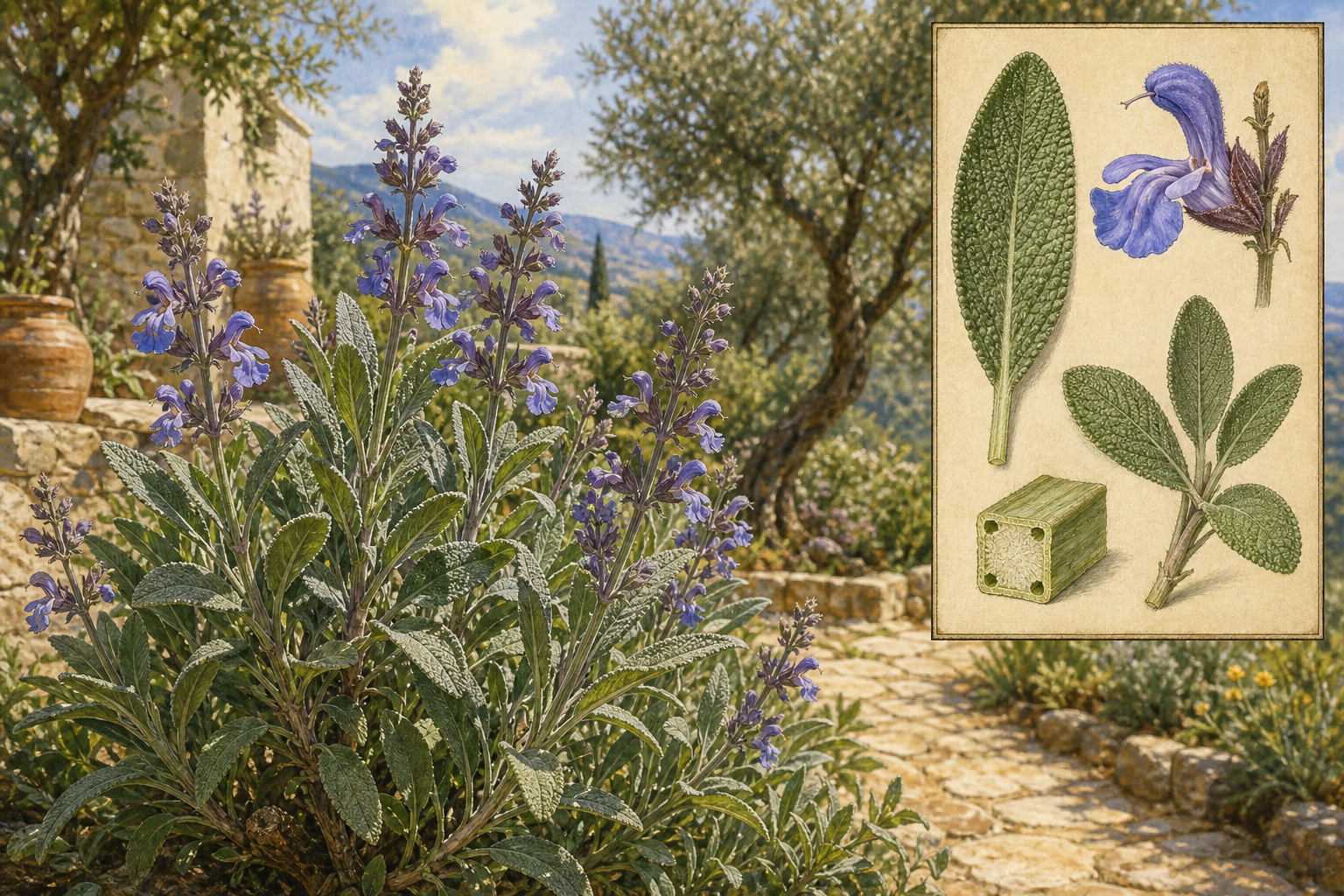 Garden sage (Salvia officinalis) on a Mediterranean terrace with gray-green puckered leaves, violet two-lipped flowers, and a botanical inset of leaf, flower, and square stem