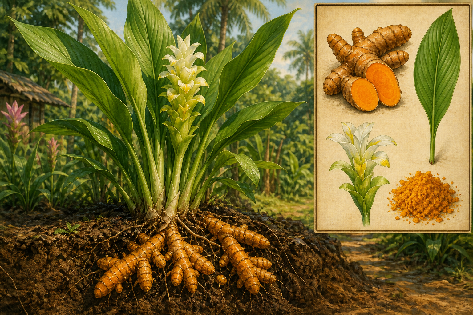 Turmeric (Curcuma longa) plant with lance-shaped leaves, pale yellow flower spike, and a botanical inset of sliced orange rhizome, leaf, and flower