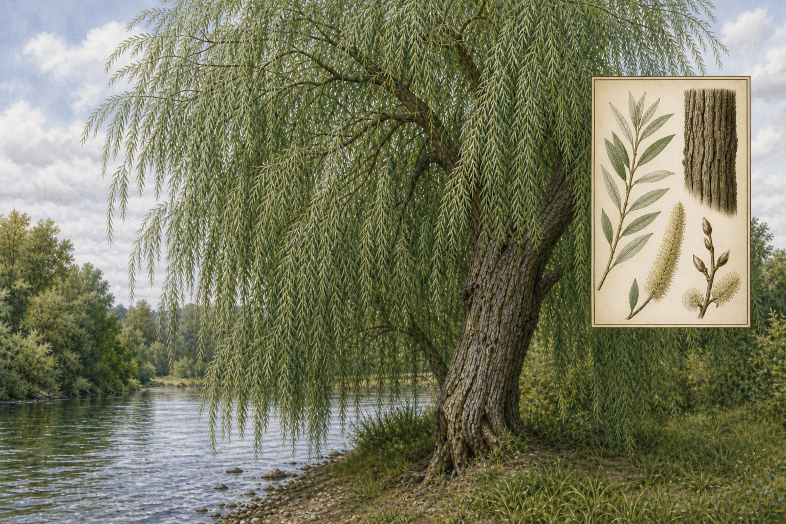 White willow (Salix alba) tree with silvery lance-shaped leaves and furrowed bark along a riverbank