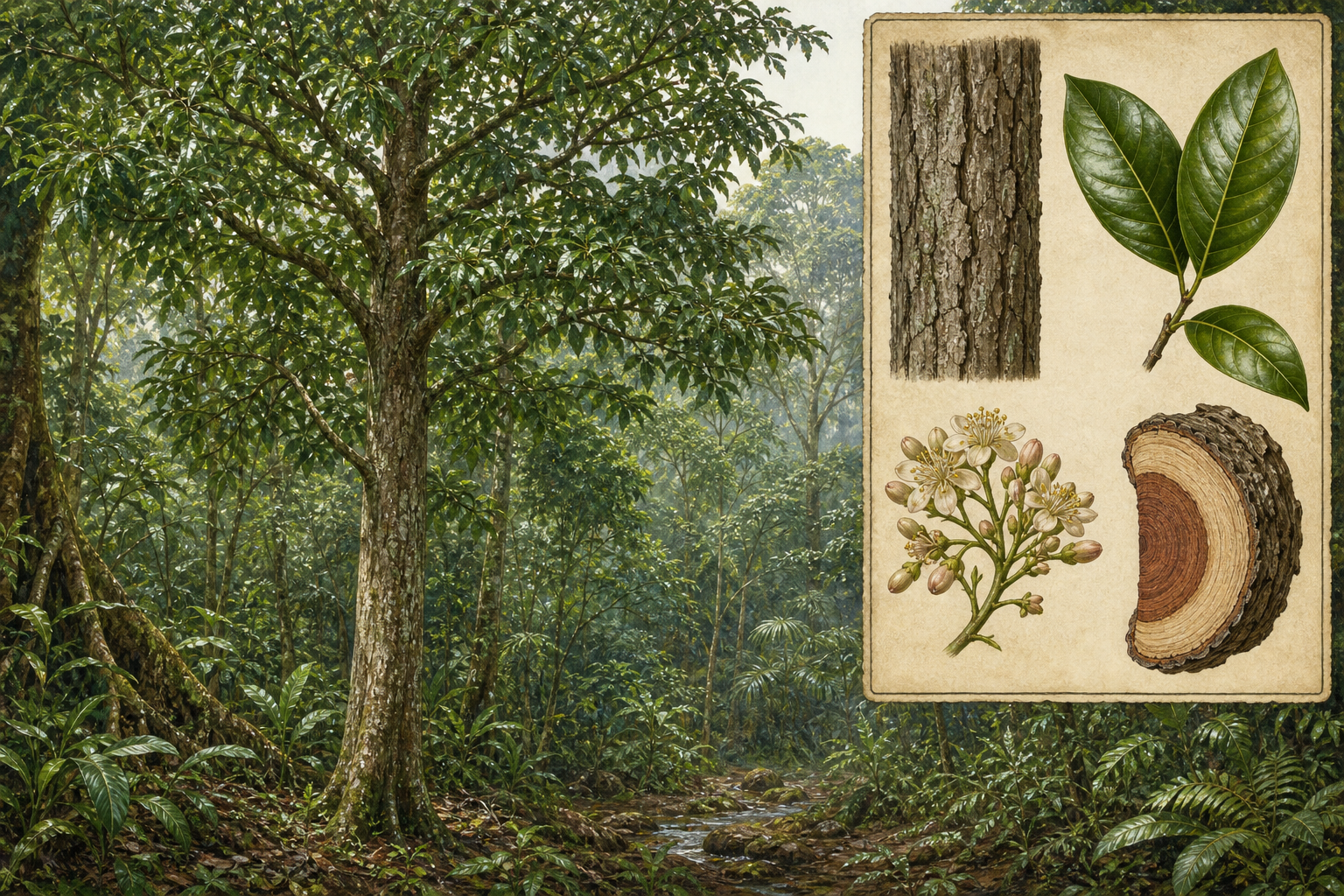 Yohimbe (Pausinystalia johimbe) rainforest tree with glossy leaves and a botanical inset of bark, elliptic leaves, flowers, and bark cross-section
